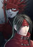  2boys bangs black_hair chaos_(ff7) cloak colored_skin cracked_skin dual_persona fangs final_fantasy final_fantasy_vii grey_skin headband high_collar highres long_hair looking_at_viewer male_focus multiple_boys pale_skin parted_bangs parted_lips portrait red_cloak red_eyes red_headband red_headwear sd_supa smile upper_body vincent_valentine yellow_eyes 