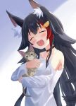  1girl :3 ? absurdres animal animal_ear_fluff animal_ears bare_shoulders belt_collar black_hair blush cat choker closed_eyes collar collarbone hair_flaps highres hololive hug kajitsu_no_hito long_hair long_sleeves multicolored_hair ookami_mio open_mouth redhead shirt smile solo streaked_hair upper_body very_long_hair virtual_youtuber white_hair white_shirt wolf_ears 