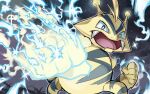  black_eyes bright_pupils clenched_hands commentary_request electabuzz electricity hyou_(hyouga617) incoming_attack incoming_punch looking_at_viewer night open_mouth outdoors pokemon pokemon_(creature) punching solo tongue tusks white_pupils 