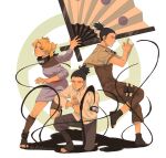  1girl 2boys absurdres black_hair blonde_hair commentary family father_and_son folded_fan folding_fan forehead_protector full_body hand_fan highres husband_and_wife isahnas looking_at_viewer mother_and_son multiple_boys nara_shikadai nara_shikamaru naruto_(series) naruto_shippuuden ninja ponytail shadow short_hair simple_background squatting standing standing_on_one_leg temari_(naruto) white_background 