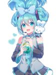  1girl :d absurdres animal animal_on_shoulder aqua_eyes aqua_hair bare_shoulders black_skirt bow cinnamiku cinnamoroll cowboy_shot crossover cup detached_sleeves drinking_straw glass hair_bow hatsune_miku highres holding holding_cup kaoling long_hair looking_at_viewer matching_outfit necktie open_mouth pleated_skirt rabbit sanrio shirt simple_background skirt sleeveless smile tied_ears updo vocaloid white_background 