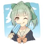  1girl black_shirt blue_sky bow bowtie clouds commentary_request ema_(user_yxkv5345) food grey_hair grey_sailor_collar hair_bow kantai_collection looking_at_viewer orange_bow orange_bowtie ponytail popsicle sailor_collar school_uniform serafuku shirt sky solo tongue tongue_out upper_body yuubari_(kancolle) 