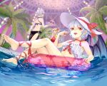  3girls ball bangs barefoot bat_wings beachball closed_mouth commentary_request crystal fangs fingernails flandre_scarlet flat_chest grey_hair highres holding holding_ball holding_beachball izayoi_sakuya leg_ribbon long_fingernails looking_at_viewer multiple_girls open_mouth palm_tree pointy_ears pool purple_hair red_eyes red_innertube red_nails red_ribbon remilia_scarlet ribbon short_hair siblings sisters touhou tree user_gcxy7887 water wings 