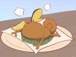  boke-chan commentary_request food food_focus fruit full_body leaf lemon lemon_slice lying no_humans on_stomach paper plate pokemon pokemon_(creature) sketch sobble solo steam table 