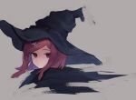  1girl 5_106y bangs black_headwear brown_eyes brown_hair closed_mouth danganronpa_(series) danganronpa_v3:_killing_harmony floating_hair gem grey_background hair_ornament hat highres long_hair looking_at_viewer parted_bangs portrait purple_gemstone solo witch_hat yumeno_himiko 