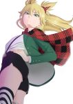  1girl bangs black_shorts blonde_hair bow bowtie burn_the_witch capelet easy_(aqk7bdqt) floating_hair from_below from_side frown green_eyes green_jacket hair_between_eyes hand_on_hip jacket long_hair long_sleeves ninny_spangcole open_clothes open_jacket plaid_capelet red_bow red_bowtie red_capelet shiny shiny_hair shirt short_shorts shorts simple_background solo striped striped_thighhighs suspender_shorts suspenders thigh-highs twintails two_side_up white_background white_shirt 