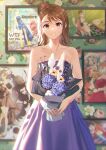  1girl absurdres bare_shoulders blurry blurry_background bouquet brown_hair dress highres holding holding_bouquet looking_at_viewer medium_hair original painting_(object) poster_(object) purple_dress standing tapiokaesi 