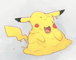  animal_focus black_eyes blush_stickers boke-chan commentary_request dripping full_body grey_background no_humans open_mouth pikachu pokemon pokemon_(creature) simple_background slime_(creature) solo 