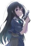  1girl black_hair blue_shirt closed_mouth commentary green_ribbon gun handgun highres holding holding_gun holding_weapon inoue_takina long_hair looking_at_viewer lycoris_recoil lycoris_uniform mijinkoo neck_ribbon ribbon shirt short_sleeves simple_background solo upper_body violet_eyes weapon white_background 