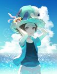  1boy alternate_costume artist_name blue_shirt brown_eyes brown_hair clouds cocoloco commentary_request dated day flower hat hat_flower hilbert_(pokemon) looking_at_viewer male_focus on_head oshawott outdoors pokemon pokemon_(creature) pokemon_(game) pokemon_bw pokemon_on_head shirt short_hair short_sleeves sky sparkle star_(symbol) straw_hat twitter_username undershirt water 