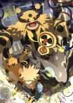  1boy black_pants black_shirt blonde_hair blue_eyes blue_jacket cable closed_mouth e_volution electivire from_above jacket long_sleeves luxray male_focus open_clothes open_jacket pants pokemon pokemon_(creature) pokemon_(game) pokemon_dppt raichu rotom rotom_(fan) shirt short_hair spiky_hair volkner_(pokemon) 