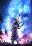  1boy abs armpits artist_name baggy_pants belt biceps blue_eyes blue_hair clouds cloudy_sky dragon_ball dragon_ball_super feet_out_of_frame highres jacket light light_rays looking_at_viewer male_focus manly mature_male muscular muscular_male n_k0918 pants pectorals short_hair short_sleeves signature sky solo spiky_hair star_(sky) starry_sky thick_arms wristband 