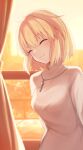  1girl absurdres antenna_hair arcueid_brunestud arms_behind_back bangs blonde_hair blush breasts closed_eyes closed_mouth commentary_request curtains hair_between_eyes head_tilt highres indoors jewelry long_sleeves medium_breasts necklace okitananami short_hair single_hair_intake smile solo sunlight sunset sweater tsukihime tsukihime_(remake) turtleneck turtleneck_sweater upper_body white_sweater window 