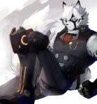  1boy absurdres animal_ears black_eyes boots breast_pocket clenched_hand collared_shirt collared_vest fingerless_gloves fur furry furry_male gloves grey_vest highres pocket shabi96522 shirt simple_background solo tail vest von_lycaon white_fur white_hair wolf_boy wolf_ears wolf_tail zenless_zone_zero 