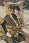  1boy bishounen black_gloves black_hair black_kimono brush_(medium) commentary_request commission cowboy_shot gloves highres japanese_clothes kimono looking_at_viewer male_focus original red_eyes short_hair short_sleeves skeb_commission smoke solo ziqing_(at_zes) 