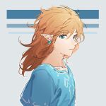  1boy blonde_hair blue_eyes blue_shirt earrings hair_between_eyes jewelry link male_focus medium_hair nintendo pointy_ears shirt simple_background solo solo_focus striped striped_background the_legend_of_zelda the_legend_of_zelda:_breath_of_the_wild upper_body werlosk wind 