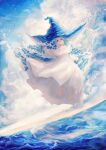  1girl absurdres barefoot blue_eyes blue_hair day dress floating hat highres isa_yuuri liquid_hair long_hair multicolored_hair ocean off-shoulder_dress off_shoulder original sky solo two-tone_hair very_long_hair water waves white_hair witch witch_hat 