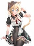  absurdres animal_ears bell black_thighhighs blonde_hair blue_eyes highres hololive holox kazama_iroha looking_at_viewer maid maid_headdress neck_bell open_mouth sitting skirt tail thigh-highs virtual_youtuber yoshioka_(today_is_kyou) 