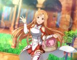  1girl :d armor asuna_(sao) bangs basket blurry blurry_background breastplate brown_eyes brown_hair day detached_sleeves dutch_angle floating_hair game_cg hair_intakes holding holding_basket leg_up lens_flare long_hair long_sleeves looking_at_viewer miniskirt open_mouth outdoors pleated_skirt red_skirt running shiny shiny_hair skirt smile solo sunlight sword_art_online thigh-highs very_long_hair waist_cape white_sleeves 