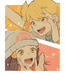  1boy 1girl :d arm_up bangs barry_(pokemon) beanie blonde_hair blush border commentary_request eyelashes grey_eyes grey_headwear hair_ornament hairclip hands_up hat highres hikari_(pokemon) long_hair omyo_(myomyomyo22) open_mouth orange_eyes pokemon pokemon_(game) pokemon_dppt scarf signature smile star_(symbol) teeth tongue upper_teeth white_border 