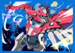  blue_background copyright_name explosion green_eyes gundam gundam_g_no_reconguista highres looking_to_the_side mack_knife mecha mobile_suit no_humans robot science_fiction solo tomatomaton 