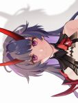  1girl ahoge bangs bare_shoulders closed_mouth fukazzi_2nd gauntlets honkai_(series) honkai_impact_3rd horns long_hair looking_at_viewer purple_hair raiden_mei raiden_mei_(herrscher_of_thunder) rotated shadow simple_background single_gauntlet smile solo upper_body violet_eyes white_background 
