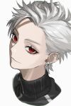  1boy a_mo_mame absurdres close-up closed_mouth ear_piercing earrings eyelashes grey_background grey_hair highres jewelry kuzuha_(nijisanji) male_focus mole mole_under_eye nijisanji piercing red_eyes red_pupils simple_background slit_pupils smile solo turtleneck upper_body virtual_youtuber zipper_pull_tab 