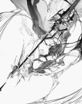  1girl a9712mob arknights bangs commentary cropped_legs gladiia_(arknights) gloves greyscale hat high_collar highres holding holding_polearm holding_weapon looking_at_viewer monochrome pointy_ears polearm simple_background sketch solo upside-down weapon white_background 