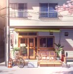  bicycle building bwsong cafe cherry_blossoms chinese_commentary commentary_request door ground_vehicle highres indoors no_humans original outdoors plant potted_plant power_lines shadow traffic_cone utility_pole window wooden_chair 