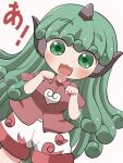  1girl blush cloud_print collared_shirt cowboy_shot fang green_eyes green_hair highres horns kariyushi_shirt komano_aunn long_hair open_mouth red_shirt rokugou_daisuke shirt short_sleeves shorts simple_background single_horn smile solo touhou white_background white_shorts 