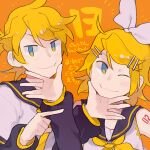  &gt;:) anniversary black_collar black_sleeves blonde_hair blue_eyes closed_mouth collar detached_sleeves eyebrows_hidden_by_hair glider_(artist) hair_between_eyes hand_on_another&#039;s_chin kagamine_len kagamine_rin multicolored_eyes neckerchief necktie one_eye_closed orange_background orange_theme pointing pointing_at_another sailor_collar sailor_shirt shirt short_sleeves sidelocks simple_background sleeveless smile v-shaped_eyebrows vocaloid white_shirt yellow_eyes yellow_neckerchief yellow_necktie 