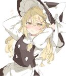  1girl apron arms_up bangs blonde_hair blush bow braid cowboy_shot full-face_blush hair_between_eyes hat hat_bow kirisame_marisa long_hair looking_at_viewer paragasu_(parags112) simple_background sketch solo touhou very_long_hair vest waist_apron white_background white_bow witch_hat yellow_eyes 