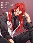  1boy absurdres artist_name collared_shirt diluc_(genshin_impact) feet_out_of_frame genshin_impact hand_on_own_face happy_birthday highres long_hair looking_at_viewer male_focus mature_male nalamicha necktie pants red_background red_eyes redhead scar scar_on_hand shirt signature simple_background smile solo text_focus 