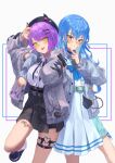  2girls :p absurdres arm_around_shoulder beret blue_eyes blue_hair blush cardigan chakuma_(yiyh1468) demon_tail dress earrings green_eyes hair_ornament hairclip hat highres hololive hoshimachi_suisei jacket jacket_partially_removed jewelry leg_tattoo long_hair multiple_girls piercing purple_hair sailor_collar sailor_dress short_hair skindentation skirt smile tail tail_ornament tail_piercing tattoo thigh_strap tokoyami_towa tongue tongue_out v_over_mouth virtual_youtuber 