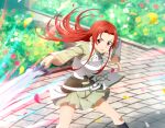  1girl armor breastplate collared_shirt day floating_hair game_cg grey_shirt grey_skirt hair_intakes holding holding_sword holding_weapon kneehighs long_hair long_sleeves miniskirt motion_blur open_mouth outdoors pleated_skirt red_eyes redhead shiny shiny_hair shirt skirt socks solo standing straight_hair sword sword_art_online tiese_schtrinen v-shaped_eyebrows very_long_hair weapon wing_collar 