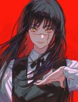 1girl bangs black_hair black_ribbon black_vest chainsaw_man cigma commentary_request highres long_hair looking_at_viewer mitaka_asa red_background ribbon ringed_eyes scar scar_on_cheek scar_on_face shirt solo straight_hair upper_body vest war_devil_(chainsaw_man) white_shirt yellow_eyes yoru_(chainsaw_man) 