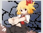  1girl ascot bangs black_skirt black_vest blonde_hair border closed_mouth gradient gradient_background grey_background hair_ribbon highres looking_at_viewer navel own_hands_together red_ascot red_eyes red_ribbon ribbon rumia shinmon_akika shirt short_hair short_sleeves skirt smile solo touhou vest white_border white_shirt 