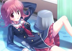  1girl blush bucket cube_x_cursed_x_curious hinata_keiichi lying on_back pink_eyes pink_hair school_uniform shirt short_hair solo sovereignty tears wet wet_clothes wet_floor wet_shirt 