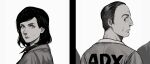  1boy 1girl better_call_saul collared_shirt english_commentary greyscale highres jacket kim_wexler looking_at_another looking_at_viewer ma2_ereki monochrome prison_clothes profile saul_goodman shirt short_hair spoilers 
