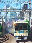  blue_sky building city cityscape clouds commentary_request day ground_vehicle highres mugumo_24k no_humans original outdoors power_lines railroad_tracks scenery shadow sky skyscraper train 