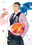  1boy balloon black_hair black_pants black_vest bouquet character_request confetti earrings hand_in_pocket highres holding holding_balloon jewelry long_sleeves looking_at_viewer male_focus pants shirt short_hair solo tapiokaesi vest virtual_youtuber white_background white_shirt 