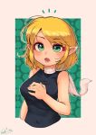  1girl bangs black_shirt blonde_hair breasts carte green_eyes half_updo highres medium_breasts medium_hair mizuhashi_parsee pointy_ears scarf shirt short_ponytail sleeveless sleeveless_shirt solo touhou white_scarf 