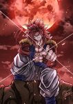  1boy abs artist_name baggy_pants blue_eyes cliff clouds cloudy_sky dragon_ball dragon_ball_gt gogeta highres looking_at_viewer male_focus manly mature_male monkey_tail moon muscular muscular_male n_k0918 no_shirt pants pectorals pointing red_fur red_sky redhead signature sitting sky smirk solo spiky_hair tail teeth thick_arms 