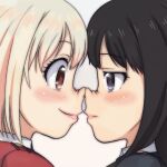  2girls black_hair blonde_hair blush brown_eyes closed_mouth commentary_request eye_contact highres inoue_takina lips long_hair looking_at_another lycoris_recoil multiple_girls nishikigi_chisato noses_touching short_hair smile t_jiroo_(ringofriend) upper_body violet_eyes 