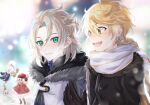  2boys 2girls :d aether_(genshin_impact) albedo_(genshin_impact) aqua_eyes bangs black_coat black_gloves black_scarf blonde_hair blurry blurry_background blush braid braided_ponytail cape chibi closed_mouth coat commentary earrings eyelashes fur-trimmed_coat fur_trim genshin_impact gloves hair_between_eyes halo hand_up hat highres jewelry klee_(genshin_impact) light_brown_hair long_hair long_sleeves looking_at_another looking_at_viewer male_focus medium_hair mizuamememe multiple_boys multiple_girls open_mouth paimon_(genshin_impact) parted_bangs profile red_coat red_headwear scarf sidelocks single_braid single_earring smile snow snowing snowman standing teeth twintails upper_body upper_teeth white_cape white_coat white_hair white_scarf yellow_eyes 