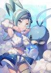  1girl altaria arm_warmers blush closed_mouth commentary_request green_eyes green_hair hair_ornament hands_up lisia_(pokemon) long_hair looking_at_viewer navel overskirt pokemon pokemon_(creature) pokemon_(game) pokemon_oras shorts shorts_under_skirt sidelocks single_thighhigh thigh-highs yamanashi_taiki 