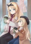  2girls ane_hoshimaru black_pants blonde_hair blue_dress blue_eyes breasts brown_coat coat couch cup dress hat highres holding holding_cup indoors jervis_(kancolle) kantai_collection large_breasts long_hair multiple_girls nelson_(kancolle) official_alternate_costume pants red_sweater scarf shop smile sweater turtleneck turtleneck_sweater white_coat white_scarf 