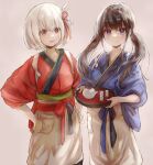  2girls black_hair blonde_hair blue_kimono commentary_request cowboy_shot hair_ornament hand_up highres holding holding_tray inoue_takina japanese_clothes kimono long_hair looking_at_viewer lycoris_recoil multiple_girls nishikigi_chisato red_eyes red_kimono short_hair sleeves_rolled_up smile sukobiru teapot tray twintails violet_eyes 