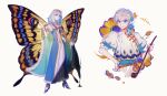  1boy absurdres alternate_hairstyle arthropod_boy bangs blue_cloak blue_eyes blue_footwear bug butterfly butterfly_wings cloak closed_mouth commentary_request crown diamond_hairband fate/grand_order fate_(series) flower full_body fur-trimmed_cloak fur_trim gold_trim grey_background grey_hair highres holding holding_ladle insect_wings ladle long_sleeves looking_at_viewer male_focus medium_hair multicolored_wings multiple_views no_cloak no_wings oberon_(fate) official_alternate_costume ponytail puffy_sleeves requiemzz simple_background smile solo sparkle tassel white_hair wings 