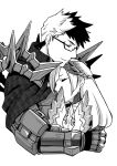  1boy 1girl armor brynhildr_(fate) cloak closed_eyes covered_mouth cropped_torso fate/grand_order fate_(series) gauntlets glasses greyscale haretaka hug long_hair monochrome multicolored_hair semi-rimless_eyewear short_hair shoulder_armor shoulder_spikes sigurd_(fate) simple_background smile spikes spiky_hair two-tone_hair white_background wing_hair_ornament 